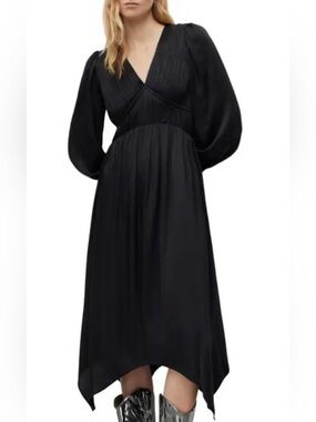 All Saints Estelle Titania Black Pleated V-Neck Long-Sleeve Midi Dress